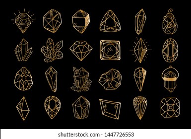 Icon vector outline set - golden line crystals or gems, on black background, symbols collection gemstones, quartz, minerals, diamonds, hand drawn or doodle illustration