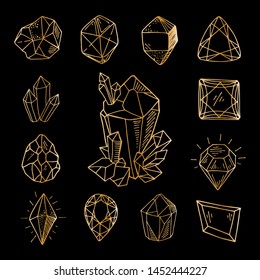 Icon vector outline set - golden line crystals or gems, on black background, symbols collection with gemstones, quartz, minerals, diamonds, hand drawn or doodle illustration
