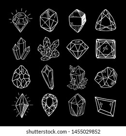 Icon vector outline set - white crystals or gems on black background, symbols collection with gemstones, quartz, minerals, diamonds, hand drawn or doodle illustration