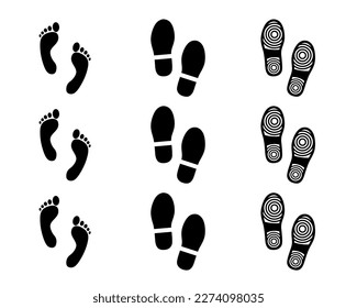 Gráfico vectorial de iconos de huellas humanas negras, huellas de zapatos y zapatillas en un fondo blanco