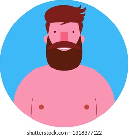 Icon vector portrait bearded young shirtless smiling man hipster with beard and mustache isolated on circular blue background