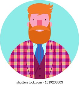 Icon vector portrait of bearded young smiling man in checked jacket and vest and necktie. Hipster with beard and mustache isolated on circular green background