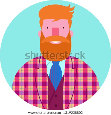 Icon vector portrait of bearded young smiling man in checked jacket and vest and necktie. Hipster with beard and mustache isolated on circular green background