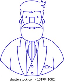 Icon vector portrait blue simple sign of bearded young smiling man in jacket and vest and necktie. Elegant hipster with beard and mustache isolated on white background