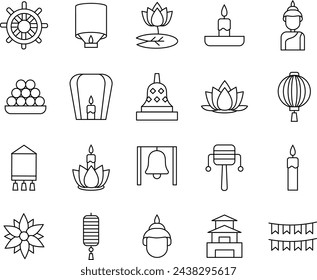 Icon vector of religion Vesak celebration with outline color and simple. 20 icon set of religion Vesak celebration with various symbols ranging from lentera, temple and decorations relate Vesak. 