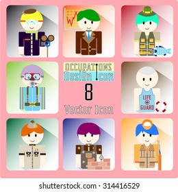 Icon Vector Set 8: Movie Director, Stock Trader, Fisher, Scuba Diver, Lifeguard, Submarine officer, Brick Mason, Hunter