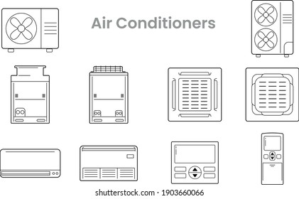 Conjunto de vectores de iconos de los acondicionadores de aire o de la señal HVAC, símbolo, icono de línea, VRF, condensación, bobina de ventilador, aire acondicionado y su mando a distancia