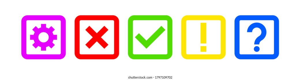 Juego de vectores de iconos, marca de verificación, cruz, exclamación, pregunta y género en cajas de colección plana. Ilustración de marcas aisladas de colección de signos