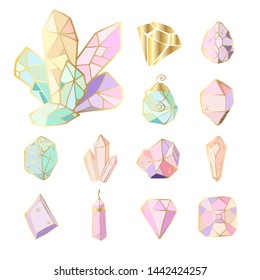 Icon vector set - colorful (blue, golden, pink, violet, rainbow) crystals or gems, on white background, symbols collection with gemstones, quartz, minerals, diamonds, hand drawn or doodle illustration