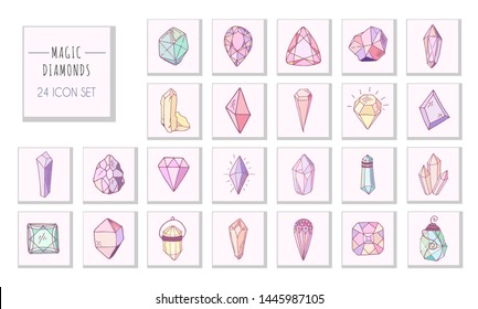 Icon vector set - colorful (blue, golden, pink, violet, rainbow) isolated crystals or gems on white, symbols collection with gemstones, quartz, minerals, diamonds, hand drawn or doodle illustration