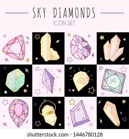 Icon vector set - colorful (blue, golden, pink, violet, rainbow) crystals or gems, symbols collection or card template with gemstones, quartz, diamonds, hand drawn or doodle illustration