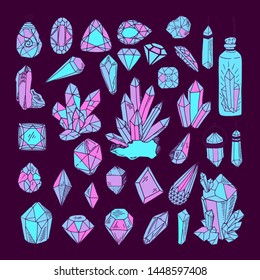 Icon vector set - colorful - blue, pink, violet crystals or gems, on dark background, symbols collection with gemstones, quartz, minerals, diamonds, hand drawn or doodle illustration