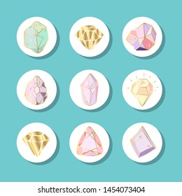 Icon vector set - colorful (blue, golden, pink, violet, rainbow) crystals or gems, on white background, symbols collection with gemstones, quartz, minerals, diamonds, hand drawn or doodle illustration