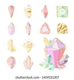 Icon vector set - colorful (blue, golden, pink, violet, rainbow) crystals or gems, on white background, symbols collection with gemstones, quartz, minerals, diamonds, hand drawn or doodle illustration