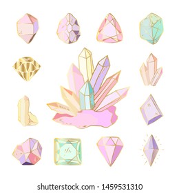 Icon vector set - colorful (blue, golden, pink, violet, rainbow) crystals or gems, on white background, symbols collection with gemstones, quartz, minerals, diamonds, hand drawn or doodle illustration