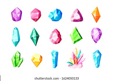 Icon vector set - colorful blue, golden, pink, violet, rainbow crystals or gems, on white background, symbols collection with gemstones, quartz, minerals, diamonds, flat illustration