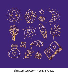 Icon vector set - colorful - gold magic elements, on dark background, symbols collection hand drawn or doodle illustration