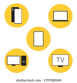 icon vector set of devices. Computer, phone, laptop, TV, tablet in flat style.