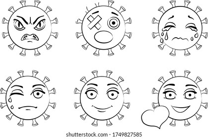 Icon Vektorset Emotionen Emotionen Emotionen Konzept Coronavirus covid-19, Evolutionär Konvertieren des Virus von Böse zu freundlich zu der Menschheit danach. Vektorgrafik. Farbbuch, Doodle
