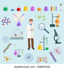 icon vector set science lab,reaction tools,chemistry laboratory equipment, chemist doing experiment or medical test,biotechnology discovery analysis, biology analyzing technology illustration