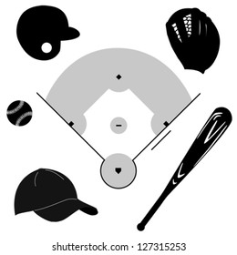 Icon Vector Set Showing Different Baseball Elements Around A Baseball Diamond