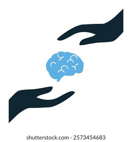 Icon vector showing a hand gently holding a brain, symbolizing care, mental health, and mindfulness. Perfect for wellness, psychology, and self care themes