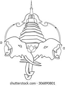 the icon vector of two elephants and pagoda