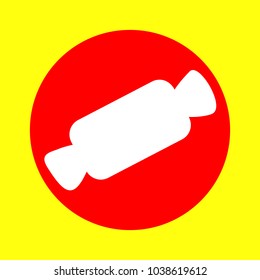 Ð¡andy icon. Vector. White flat icon inside red circle at yellow background. Isolated.