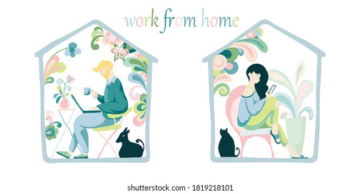 Icon vector of work from home concept, Man and woman sitting in their home for working in Coronavirus, Covid19 quarantine period time.