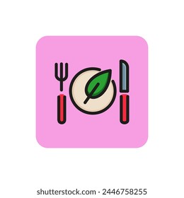Icon of vegan food. Serving, leaf, dish. Restaurant concept. Can be used for topics like veganism, logotype, menu.