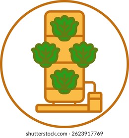 Icon of vertical hydroponic farming system with leafy greens, illustrating sustainable agriculture and urban farming solutions.
