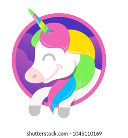 Icon very cute smile fantasy little pony colorful unicorn which fly in beautiful magic space sky. Vector modern style illustration flat design cartoon character kids children concept.
