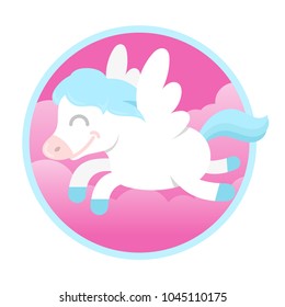 Icon very cute smile fantasy little pony colorful unicorn pegasus with wings which fly in beautiful magic pink sky Vector modern style illustration flat design cartoon character kids children concept