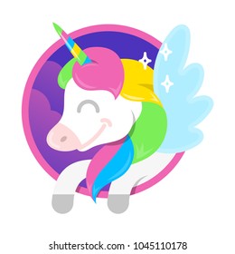 Icon very cute smile fantasy little pony colorful unicorn pegasus which fly in beautiful magic space sky. Vector modern style illustration flat design cartoon character kids children concept.