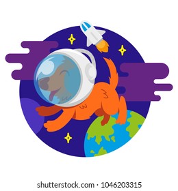 Icon very cute smile orange energy dog in spacesuit astronaut make flight in free dark spice between stars and planets earth spaceship Vector modern style flat design illustration cartoon character