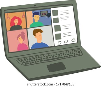 Icon of video chat online in cartoon style on laptop screen. Concept of online work, education, meeting
