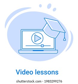 Icon video lessons and online courses.Advanced training courses and video education.Vector illustration of a thin line icon on a blue background.