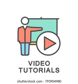 Icon video tutorials. A man at the blackboard holds a lesson. The thin contour lines with color fills.