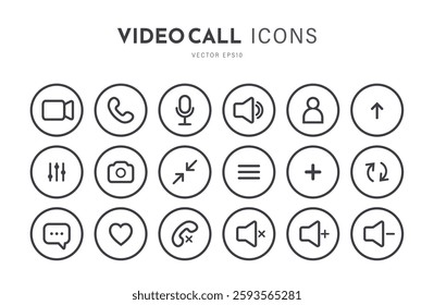 Icon Videocall. Collections buttons for video chat interface. Minimalistic simple outline symbols. Vector illustration isolated on white background.