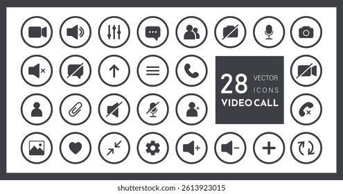 Icon Videocall. Collections buttons for video chat interface. Minimalistic simple outline symbols. Vector illustration isolated on white background.