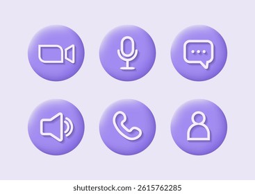 Icon Videocall. Set of 3d video chat and user interface symbols. Phone, sound, microphone, camera, call buttons isolated on purple background. Vector illustration in flat style.