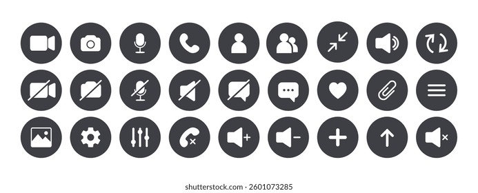Icon Videocall. Set of video chat and user interface symbols. Phone, sound, microphone, camera, call buttons isolated on white background. Vector illustration in flat style.