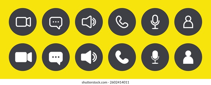 Icon Videocall. Set of video chat and user interface symbols. Phone, sound, microphone, camera, call buttons isolated on yellow background. Vector illustration in flat style.