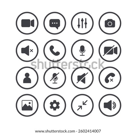 Icon Videocall. Set of video chat and user interface symbols. Phone, sound, microphone, camera, call buttons isolated on white background. Vector illustration in flat style.