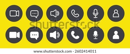 Icon Videocall. Set of video chat and user interface symbols. Phone, sound, microphone, camera, call buttons isolated on yellow background. Vector illustration in flat style.