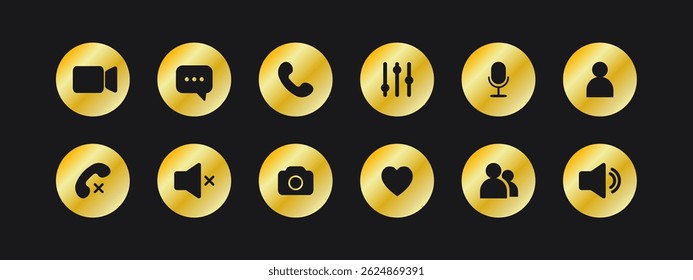 Icon Videocall. UI interface video chat. Set of golden buttons for online business webinar. Luxury Communication symbols. Flat Vector illustration.