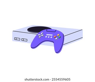 Icon of videogame console with controller. Video game equipment with joystick. Cybersport gear for players. Gamers' device to play digital toys. Flat isolated vector illustration on white background