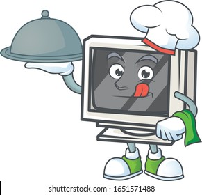 An icon of vintage monitor as a Chef with food on tray ready to serve