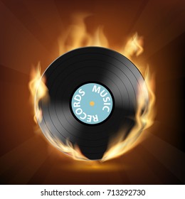 Icon vinyl record on fire. Musical rock festival. Stock vector illustration.