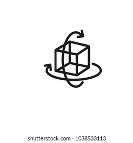 Icon of virtual three-dimensional cube. Rotation, figure, arrow. Geometry concept. Can be used for topics like 3D, imitation, simulation, augmented reality